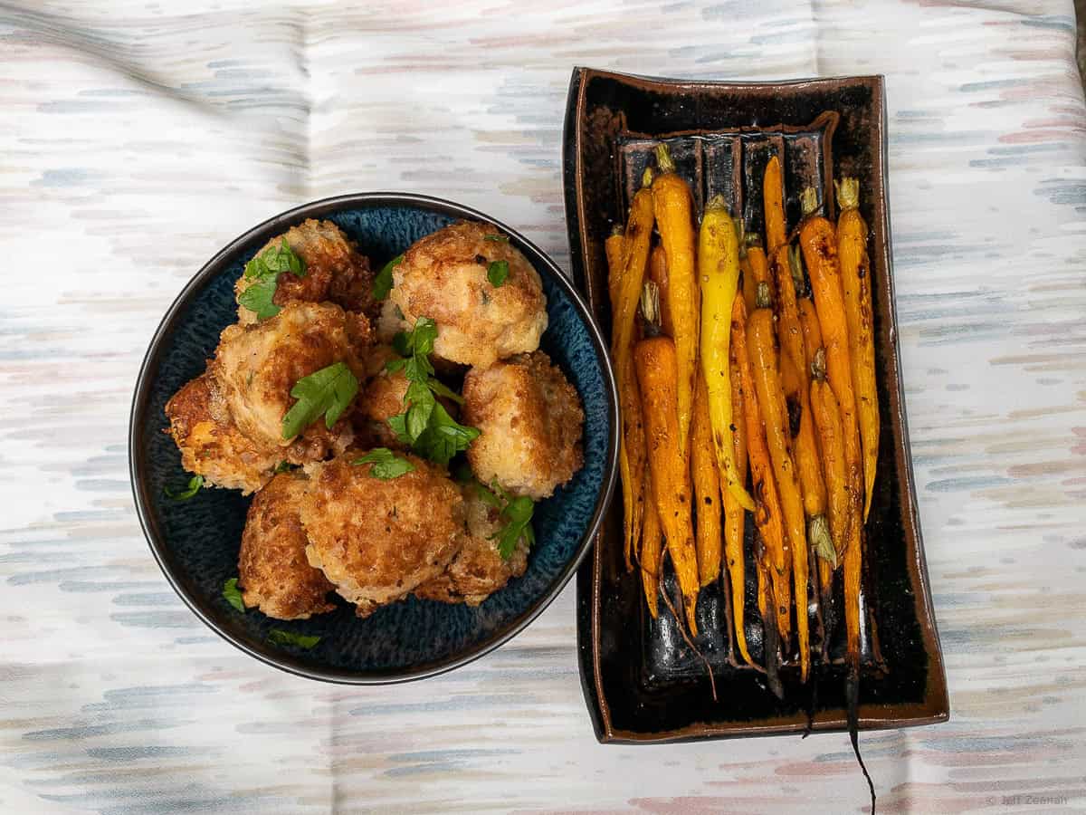 Bacari meatballs and young roast carrots