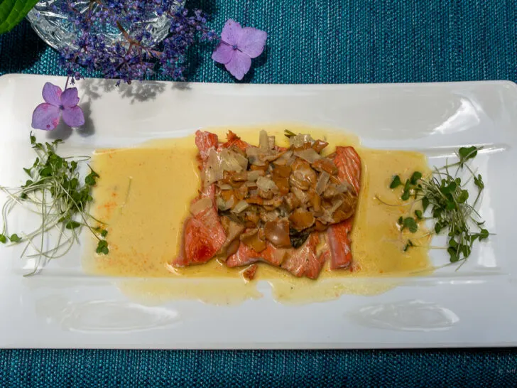 Scalloped Salmon with Chanterelle Sorrel Sauce