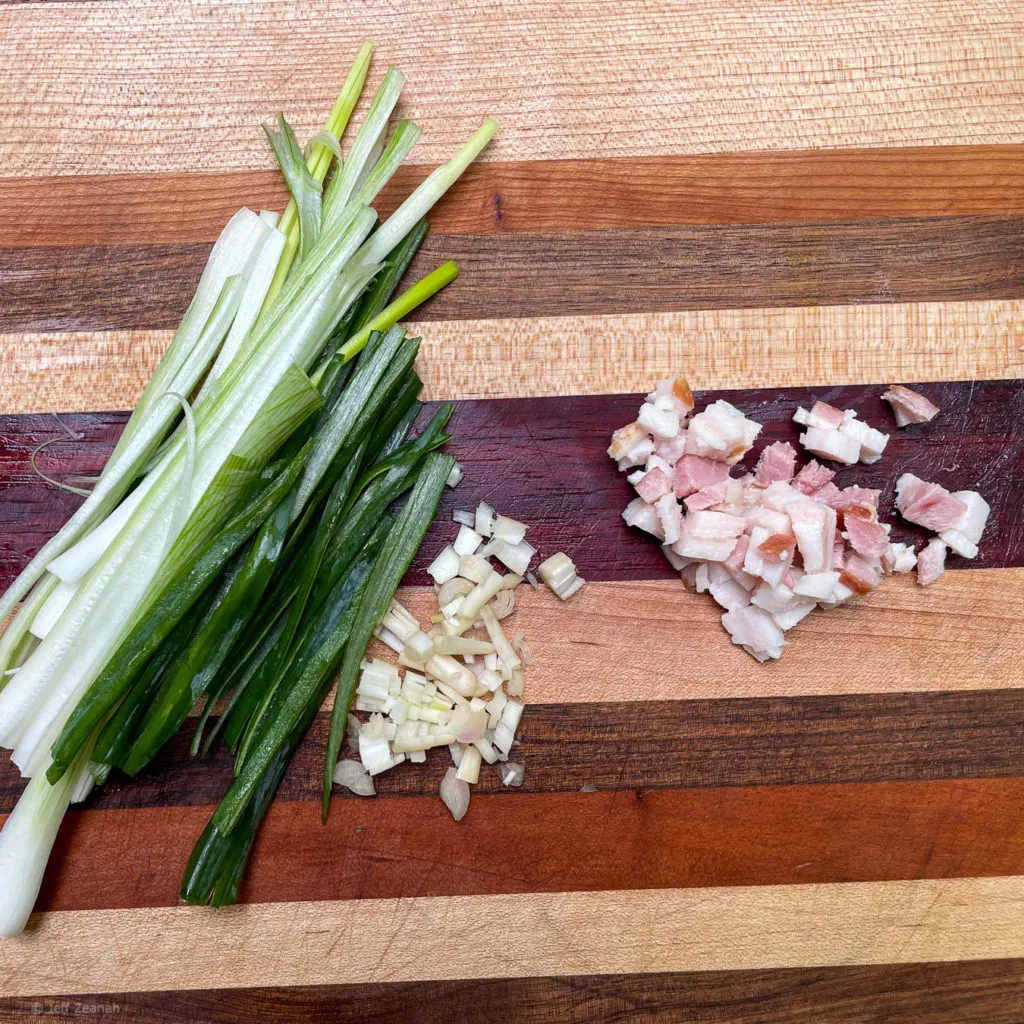 Chopped ramps and bacon & sliced onion
