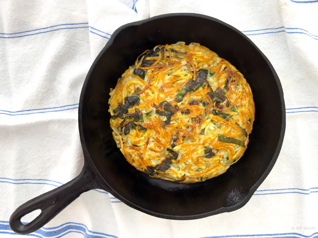 Ramps Potato Cake in Iron Skillet