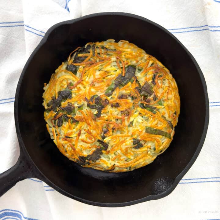 Ramps Potato Cake in Iron Skillet