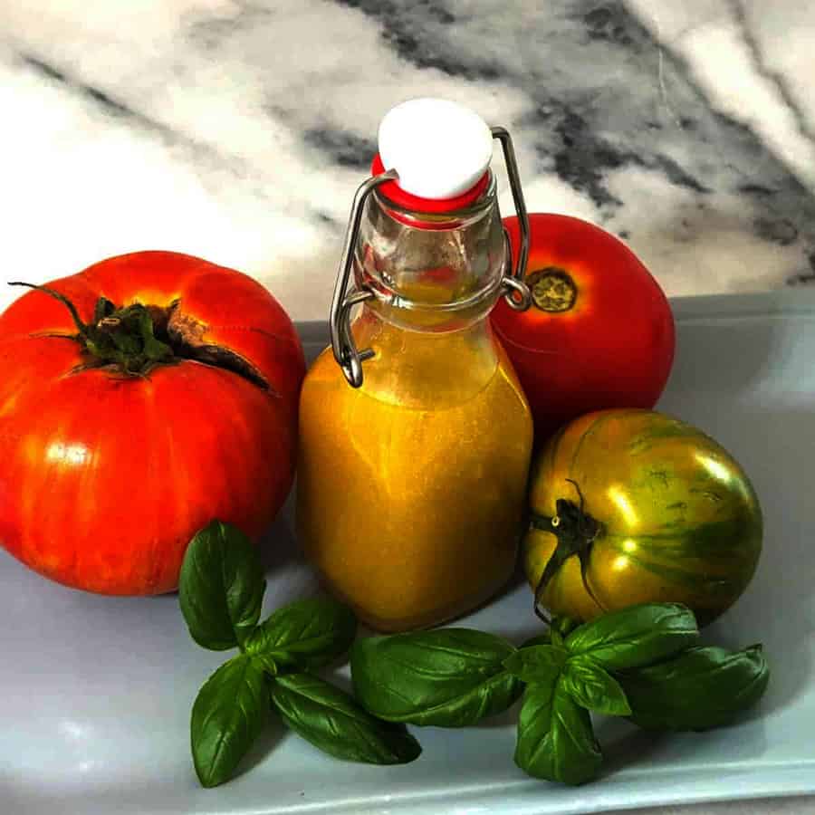 very light mustard vinaigrette with tomatoes and basil